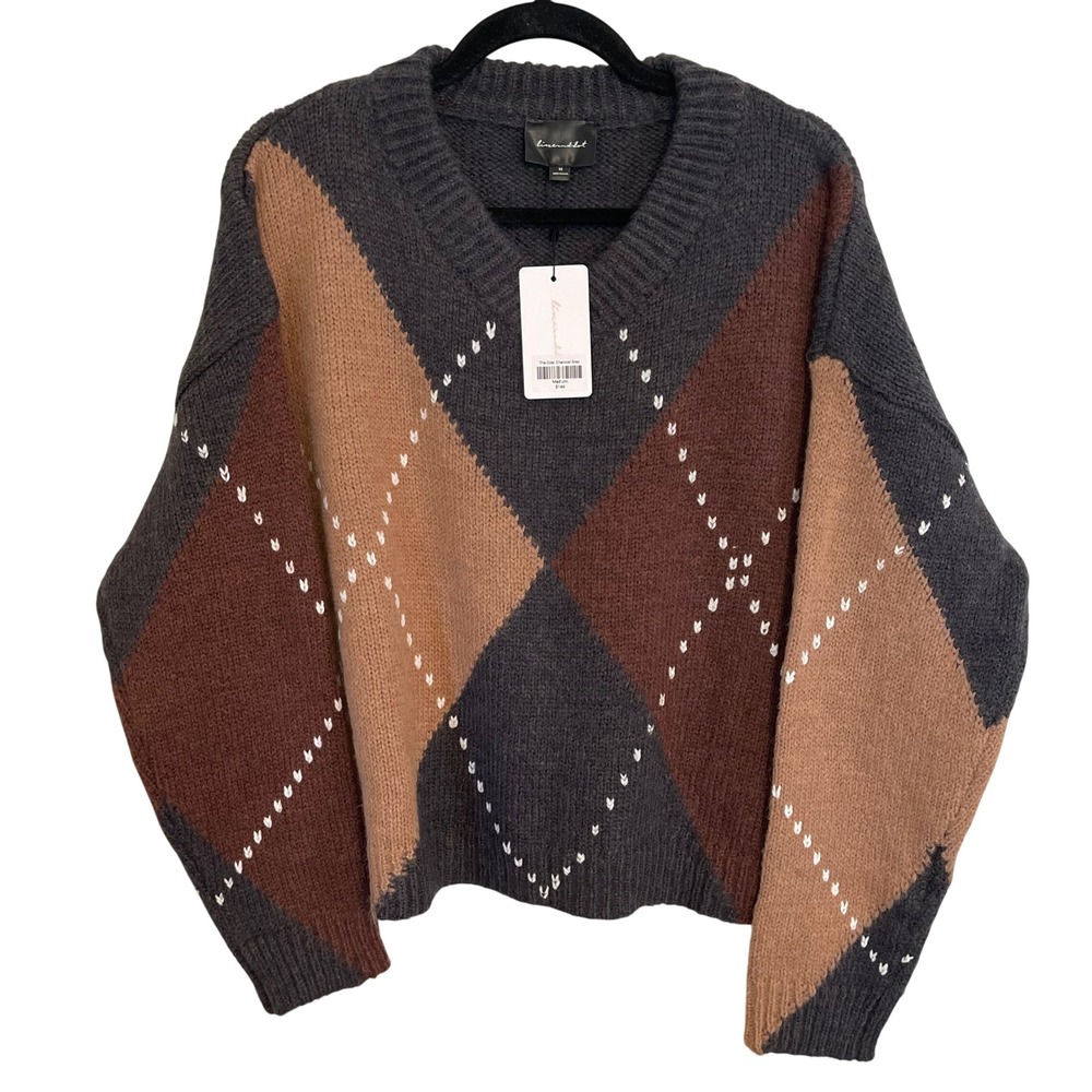 Line and Dot The Cole Argyle Sweater Charcoal Grey Brown Mohair Wool LT5750B M